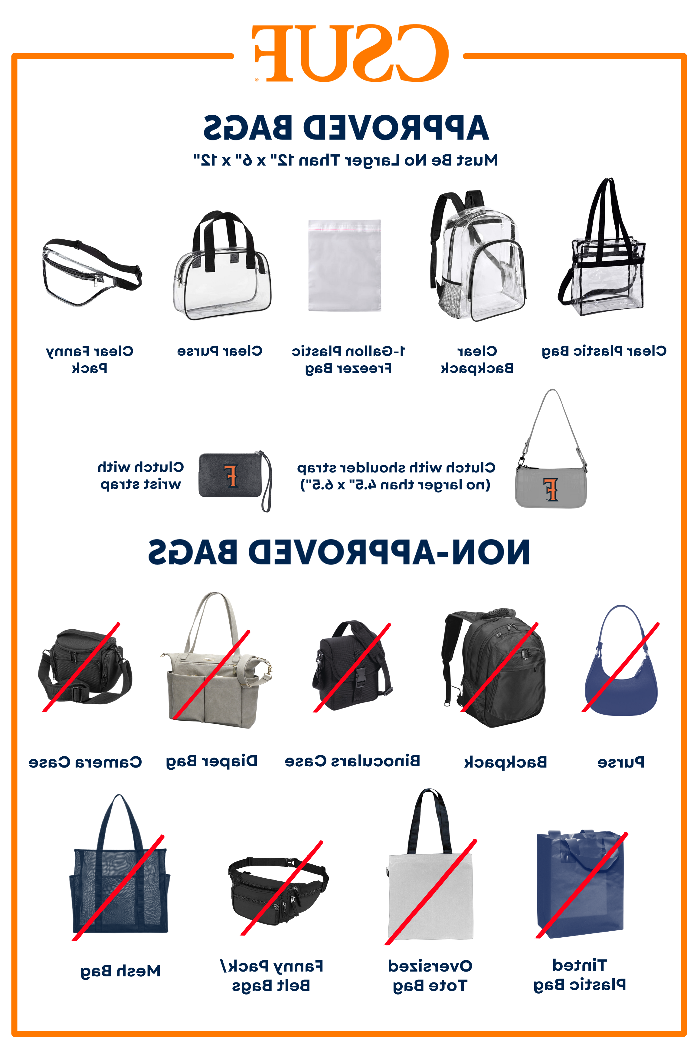 Images of permitted and non-permitted bags. Guests are only permitted clear bags, no larger than 12”x6”X12”, to enter the ceremony venue.